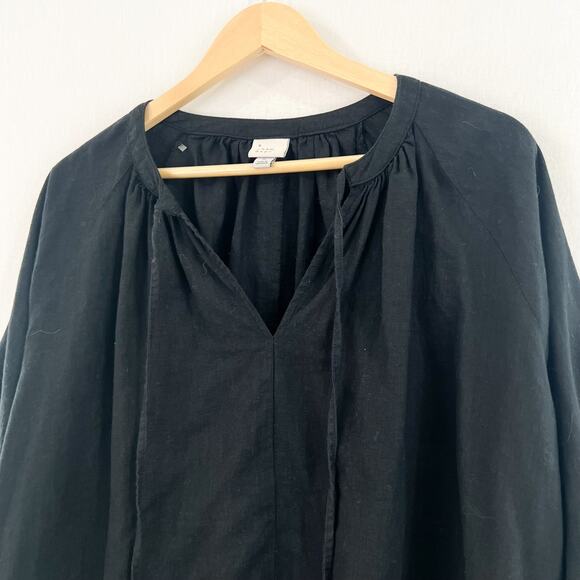 A New Day Women's Linen Split Neck Blouse Blouson Sleeve Medium Black - Picture 2 of 5
